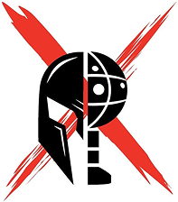 Worldcup Warriors Logo: Schwarzer Kriegerhelm mit rotem X im Hintergrund.