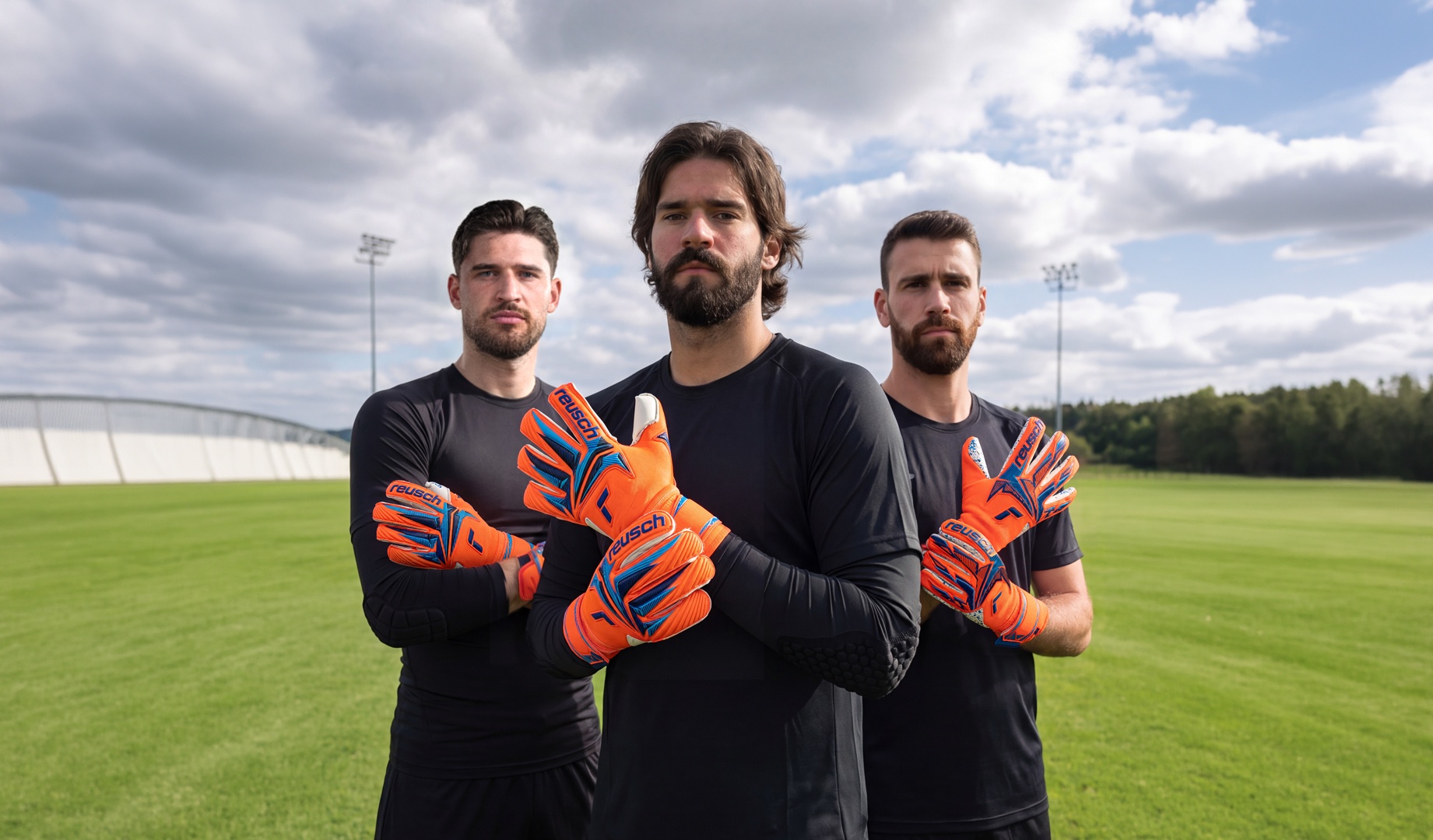 Abstrakter Hintergrund in Rot- und Orangetönen mit Lichtlinien und Reusch-Branding für Torwarthandschuhe